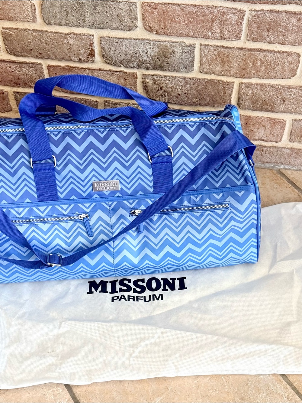 MISSION Parfums Blue Chevron Large Weekender Duffle Bag with Dust Bag - NWT